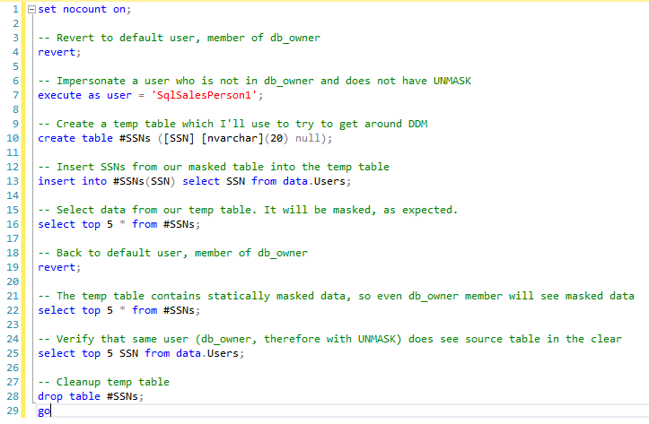 T-SQL showing that DDM cannot be circumvented using a temp table