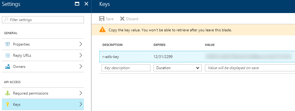 After creating an Azure AD application key in the Azure portal, the key value can be copied once for later use