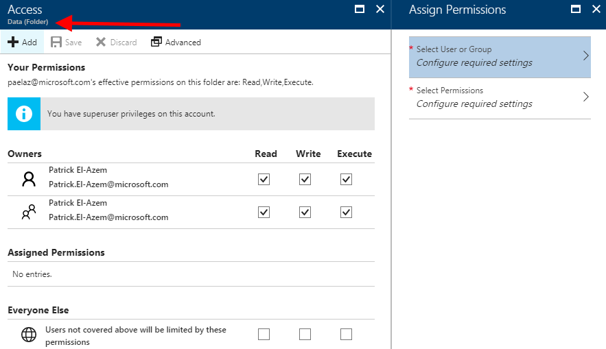 Create new file system access permission on an ADLS account in the Azure portal