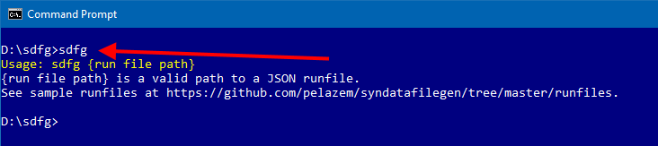 Command prompt shows sdfg run without any arguments, and its output explaining that sdfg should be invoked with a command line argument pointing to a valid runfile.