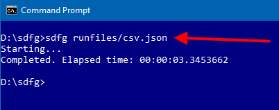 Command prompt shows sdfg invoked with a path to a valid runfile, and output showing the elapsed time for sdfg to run.