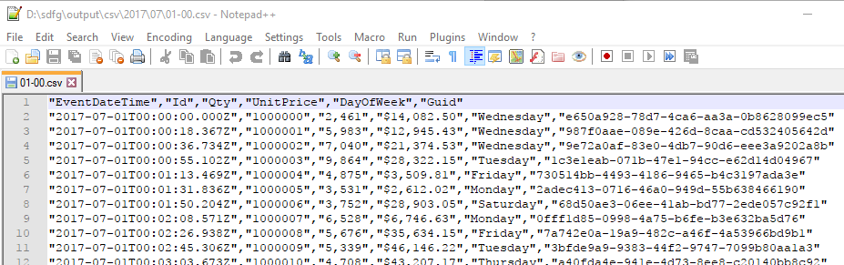 Header row and first few data rows of a CSV file generated by sdfg