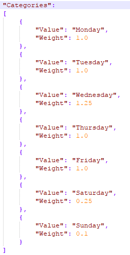 Runfile fragment shows a field-level Categories element with a list of choices, in this case days of the week, each with a numeric weight.