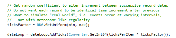sdfg code fragment showing looping date being adjusted by random factor to simulate event interval irregularity.