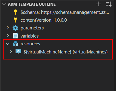 VS Code showing ARM template outline for only a VM, no other resources